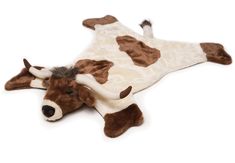 a brown and white cow laying on its side