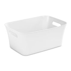 a white plastic basket with handles on a white background, it is also used as a storage container