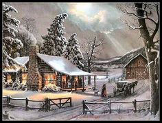 a painting of a cabin in the winter with snow on the ground and people outside