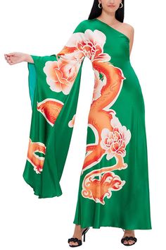 Details
	Size Chart



	
	
		
		
			
			
				This limited edition print features vermilion and emerald green, symbolizing power, luck and prosperity in Chinese culture. Delicate plum blossoms intertwined with dragons add elegance and grace.
				 
				
					Length: Ankle-Length
					Material: Satin
					Asymmetrical draped single sleeve
					One Shoulder 
					Concealed side zip closure
					Style: Party Wear
					Fit Style: Loose Fit
				
				
				@Note:
				Size: please check measurements caref Francesca Hung, Wedding Swimwear, Leo Lin, Balloon Sleeve Shirt, Plum Blossoms, Drape Sleeves, Dragon Print, Style Party, Sleeve Maxi Dress