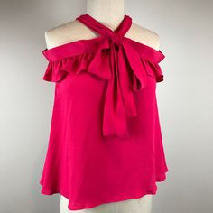 Boutique Moschino Fuchsia Blouse Crepe Sleeveless Ruffles Ties Around Neck, Can Be Worn Several Ways True Color Is Fuchsia, Hot Pink Shown In Last Photos Size 36 Xs Nwt Boutique Moschino, Moschino, Ruffles, Hot Pink, Top Blouse, Womens Tops, Boutique, Pink, Women Shopping