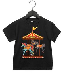 If a fun horse ride at amusement parks and circus attractions were part of your childhood , you probably enjoyed carousel or merry-go-round rides too. Children and kids at heart who love park rides would love this whimsical vintage carousel tee shirt . Awesome gift for people who love playing on the fairgrounds . Kiddie Carousel Horse T-Shirt - Kids Amusement Park Circus Ride Tshirt Let your toddler do their thing while feeling super comfy and looking extra stylish in this short-sleeve jersey t- Circus Attractions, Circus Shirts, Vintage Carousel, Carousel Horse, Love Park, Peace Signs, Horse T Shirts, Merry Go Round, Amusement Parks