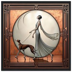 a woman walking a dog on a leash in front of an art deco mirror with a golden border