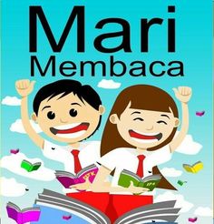 two people sitting on top of an open book with the words mari membaca above them