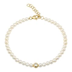 14K Gold Bezel Diamond Pearl Bracelet Gold Diamond Bracelet, Gold Pearl Bracelet, Pearl And Diamond Necklace, Bracelets Gold Diamond, Freshwater Pearl Bracelet, Bezel Set Diamond, Chain Extenders, Pearl Diamond, Gold Wire