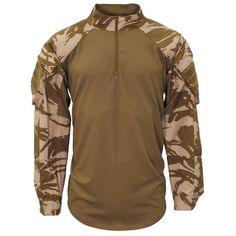 This Genuine Under Body Armour Combat Shirt is designed to be worn under body armour. The body is made from a lightweight breathable mesh. While the sleeves, shoulders and collar area are made from a durable fabric and finished in Desert camouflage pattern. Features: Breathable mesh body area Sleeves and shoulders are IRR treated Sleeves have hook & loop closure pockets with elastic to hold pens etc Lower sleeves and shoulders are padded for comfort Zipper neck for easy on/off Adjustable button Military Inspired Outfit, Armor Shirt, Body Armour, Combat Shirt, Desert Camo, Military Surplus, Military Outfit, Body Armor, Military Inspired