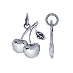 This sterling silver charm features two cherries and an oxidized leaf. Create an earring drop or pendant, or add it to complex necklace and bracelet designs made with chain and cord. A closed ring is included. Cherry Drawing, Necklace And Bracelet, Sterling Silver Charm, Bracelet Designs, Locket, Cherry, Drop Earrings, Bracelet, Collage