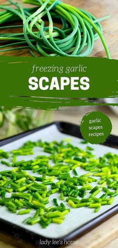 green garlic scapes on a cutting board with text overlay