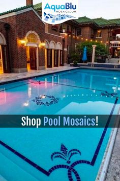 a large swimming pool with the words shop pool mosaics on it's side