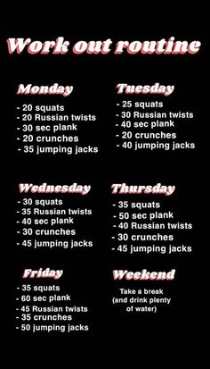 the workout schedule is displayed in red and black, with pink lettering on it that says work out routine