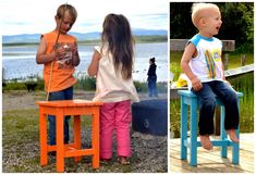 there are two children sitting on stools at the lake and one is standing up