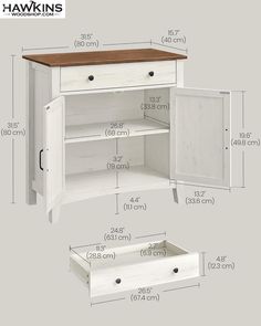 the measurements for an armoire cabinet with doors and drawers, including one door open