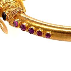 Ilias Lalaounis Double Rams Head Gem-Set Bangle Bracelet 18K Yellow Gold - Twain Time, Inc. Classical Greek Art, Rams Head, Ruby And Sapphire, Ram Head, The Ram, Favorite Subject, Greek Art, Yellow Gold Setting, Hinged Bangle