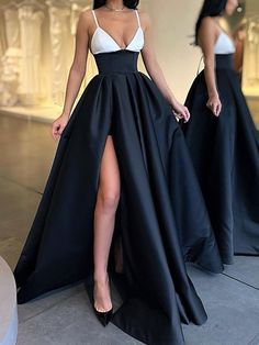 A Line V Neck Black White Long Prom Dresses with High Slit, V Neck Black White Formal Evening Dresses Black And White Prom Dresses, Prom Dresses V Neck, White Prom Dresses, White Prom Dress Long, White Prom, Prom Dresses With Pockets, White Prom Dress, Va Va Voom, Long Prom Dress