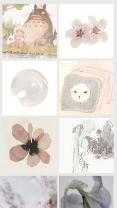 several different pictures with flowers and animals in them