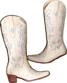 White Embellished Snip Toe Boots, White Leather Boots With Rhinestones, Western White Embellished Boots, Elegant Embellished White Boots, White Embellished Boots With Round Toe, Elegant Embellished Snip Toe Boots, White Snip Toe Party Boots, Western Boots With Rhinestone Rivets, Wide Calf Leather Boots