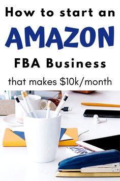 a white cup filled with pens and pencils sitting on top of a desk next to an amazon logo