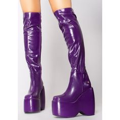 New Ocho Toro Nicoya 03 Alluring Deception Knee High Platform Boots Look Oh So Tempting While Wearing The Alluring Deception Knee High Platform Boots From Ocho Toro. This Sexy Rave Platform Boots Features A Purple Colored Smooth Vegan Leather Upper With Inner Zipper Closure, Knee High Length, Gold Metal Logo Plate In The Back, And Vegan Leather Wrapped Platform Sole. Temptation Is A Real B*Tch! - 6.25" Heels, 3" Platform - Gold Logo Plate In The Back - Smooth Vegan Leather - Wrapped Eva Platform Dark Purple Platform Boots, Purple Leather Platform Boots, Purple Platform Party Boots, Purple Platform Boots With Pointed Toe, Purple Platform Boots For Party, Purple Thigh High Boots, Purple Platform Boots, Starfire Costume, Purple Wedges