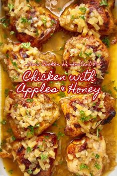 chicken with apples and honey in a white casserole dish