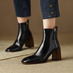 Fall Edgy Heeled Boots With Stacked Heel, Winter Leather Heeled Boots With Block Heel, Trendy Fall Chelsea Boots With Block Heel, Square Toe Moto Boots For Winter Workwear, Trendy Block Heel Chelsea Boots For Fall, Chic Square Toe Chelsea Boots For Winter, Winter Workwear Moto Boots With Square Toe, Sleek Block Heel Boots For Fall, Edgy Block Heel Boots For Fall