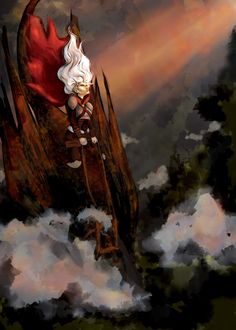 a painting of a man standing on top of a giant piece of wood in the sky