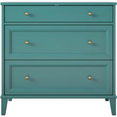 a blue dresser with three drawers and gold knobs on the bottom, against a white background