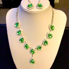 It Is Beautiful, Elegant And Versatile. Bb1 Green Rhinestone Jewelry Sets For Party, Green Crystal Jewelry Sets With Rhinestones, Green Crystal Rhinestone Jewelry Sets, Green Rhinestone Party Necklace, Gold Tassel Necklace, Charm Choker Necklace, Choker Style Necklace, Ear Ring, Double Strand Necklace