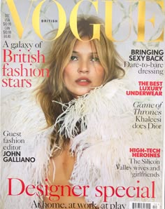 a magazine cover with a woman wearing a white fur coat on the front and back