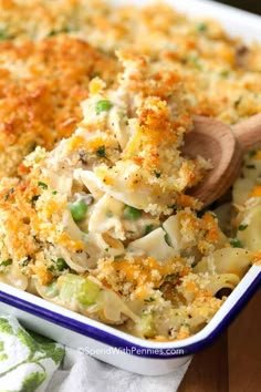 a casserole dish filled with chicken and noodles