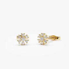 Diamond Earrings / 14K Gold Flower Design Diamond Earrings / Floral Design Earrings By Ferkos Fine Jewelry / Gift For Women ▶ Details   * Made to Order * Gold Kt: 14K (also available in 18K) * Available Gold Colors: Rose Gold, Yellow Gold, White Gold * Diameter: 5 MM * Round Diamond: 12 Pcs 1.2 MM * Round Diamond: 2 Pcs 1.90 MM * Diamond Color & Clarity: G Color SI Clarity * Diamond Ctw: 0.18 ctw * Ready to Ship in 1-2 Business Days ▶ See more of our Diamond Earrings here - https://etsy.me/3YbpVq2  ▶ See our storefront here - http://etsy.me/2lUcVnH  ▶ All store sections here  Diamond Rings - http://etsy.me/2lwKUl8  * Diamond Earrings - http://etsy.me/2lyqVBP  * Diamond Necklace - http://etsy.me/2mqa6O1  * Diamond Bracelets - http://etsy.me/2mVrAB5  * Diamond Wedding Rings - https://etsy.me Classic Yellow Gold Flower-shaped Cluster Earrings, Yellow Gold Flower Earrings With Prong Setting, Classic 14k Gold Flower-shaped Earrings, Gift Yellow Gold Clip-on Diamond Earrings, Yellow Gold Clip-on Diamond Earrings For Gift, Gold Cluster Earrings With Flower Shape, Yellow Gold Clip-on Diamond Earrings As Gift, Gold Flower-shaped Cluster Earrings With Prong Setting, Clip-on Yellow Gold Diamond Earrings As Gift