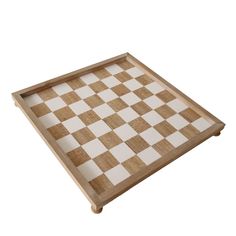 a wooden chess board with white and brown checkers on the board, isolated against a white background