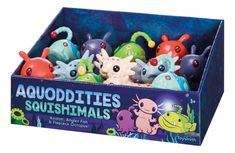 an assortment of squishimals in a blue box