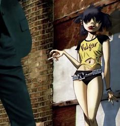 an animated image of a woman in a yellow shirt and black shorts standing next to a brick wall