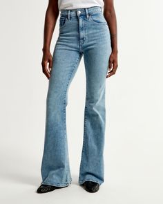 Women's Ultra High Rise Stretch Flare Jean | Women's Bottoms | Abercrombie.com American Clothing, Flare Jeans, Abercrombie Fitch, Medium Size, The Knee, Stretch Fabric, Womens Bottoms, Full Length, High Rise