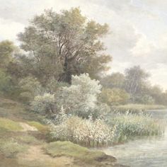 a painting of a river with trees and grass