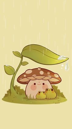 an image of a mushroom with two chicks under the leaves and rain falling down on it