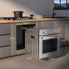 a kitchen with an oven, sink and counter space measurements for the door to the stove