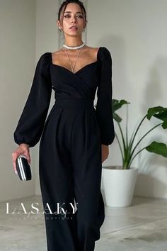 Lasaky - Elegant Long-Sleeved High-Waisted Jumpsuit with a Sophisticated Design Classy Rompers Pants, Luxury Tailored Jumpsuits And Rompers For Work, Luxury Fitted Sleek Jumpsuits And Rompers, Luxury Elegant Jumpsuits And Rompers For Wedding, Luxury Workwear Jumpsuits And Rompers With Tie Waist, Luxury Tie Waist Jumpsuits And Rompers, Luxury Elegant Overall Jumpsuits And Rompers, Luxury Chic Jumpsuits And Rompers, Chic Luxury Jumpsuits And Rompers For Evening