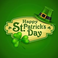 happy st patrick's day greeting card with green hat and shamrock leaf on green background