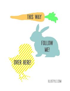 two rabbits with carrots and the words follow me over here written on them in different colors