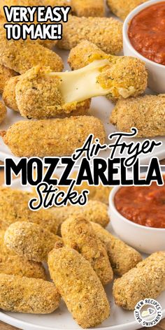 air fryer mozzarella sticks are on a white plate with dipping sauces