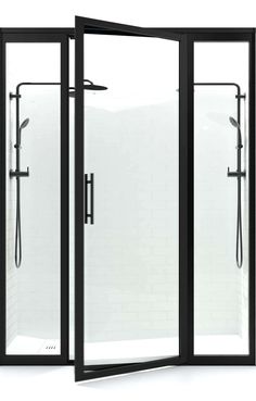 an open shower stall with glass doors and black trim on the sides, against a white background