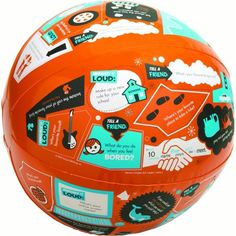 an orange and blue ball with different types of stickers all over it's surface