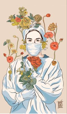 a woman wearing a face mask with flowers on her head and behind her is an image of