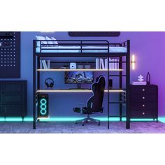 a room with a bunk bed, desk and computer chair in it is lit up by neon lights