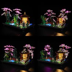 four different shots of the same house with flowers on it and lights in the dark