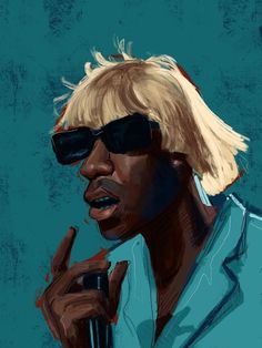 a digital painting of a man with sunglasses on his head and blonde hair wearing shades