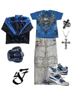 Man Drip Outfits, Blue Emo Outfits, Blue Grunge Outfit, Outfit Idea Y2k, Blue Shoes Outfit, Y2k Outfits Men, New Balance 2002r, Baggy Clothes, Guys Clothing Styles