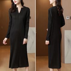 This versatile Pleated Long Sleeve Slim Fit Midi Dress can be dressed up or down to suit any situation. The lightweight fabric also lets you stay cool on a hot summer day. Solid Color V-neck Midi Dress For Work, Elegant V-neck Midi Dress For Fall, Elegant Short Sleeve V-neck Dress, Long Sleeve V-neck Dress For Fall, Winter V-neck Midi Dress For Workwear, V-neck Sweater Dress For Spring, Chic Winter Midi Dress With V-neck, Formal Fall V-neck Dress, V-neck Winter Dresses