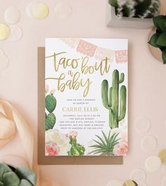 a cactus themed baby shower is featured on a pink background with succulents